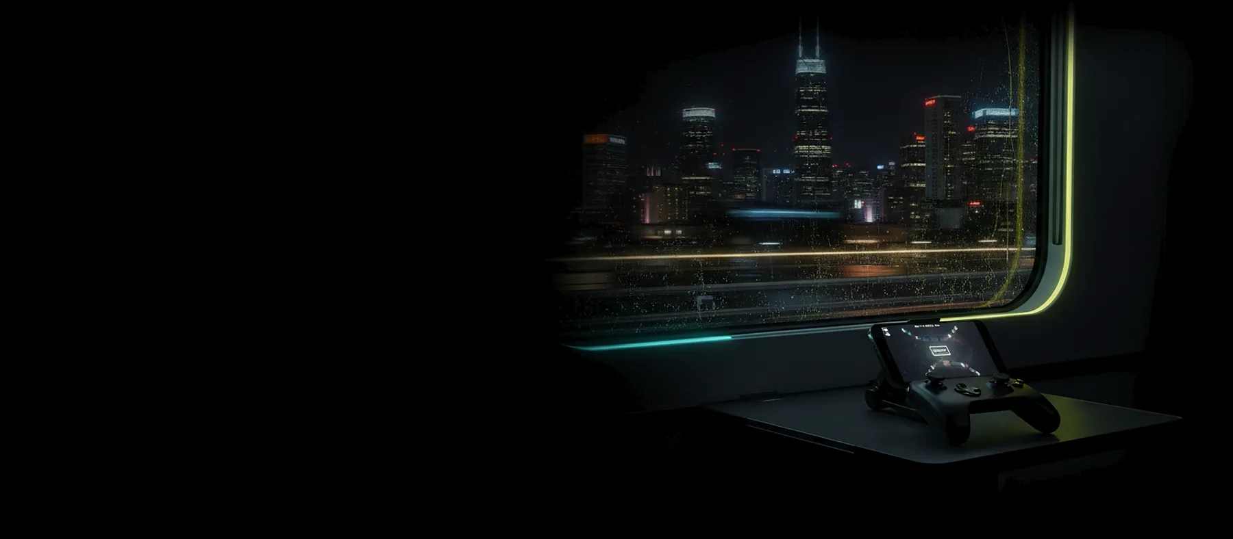 A phone in a controller on a train table, a rainy city skyline through the window