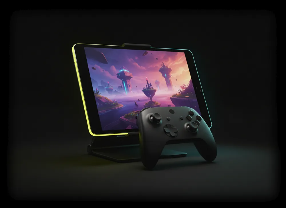 A tablet on a stand showing a PC game, with a controller in front