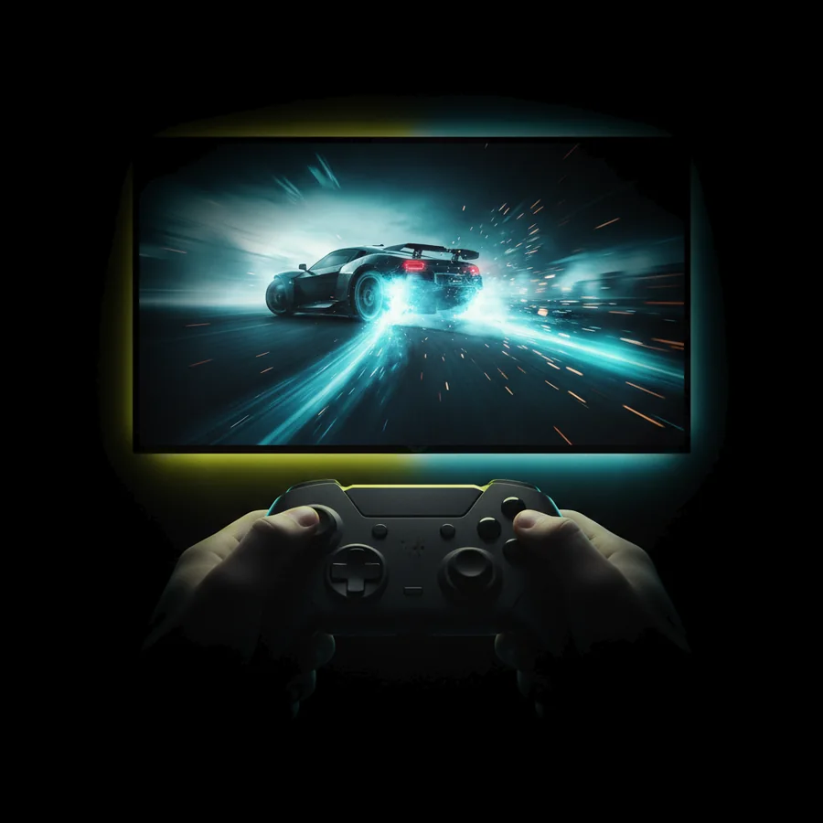 A big TV bursting with a PC game, a real controller in the playerβs hands