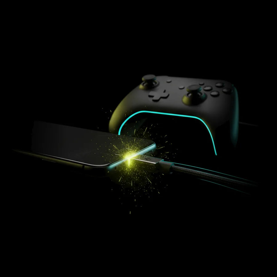 A USB game controller plugged into an Android phone