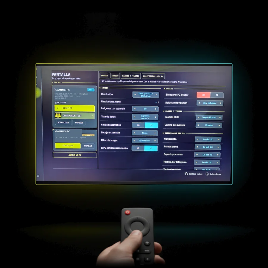 A TV showing the ChimpDeck home screen, a remote pressing start
